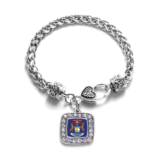 Silver Michigan Flag Square Charm Braided Bracelet