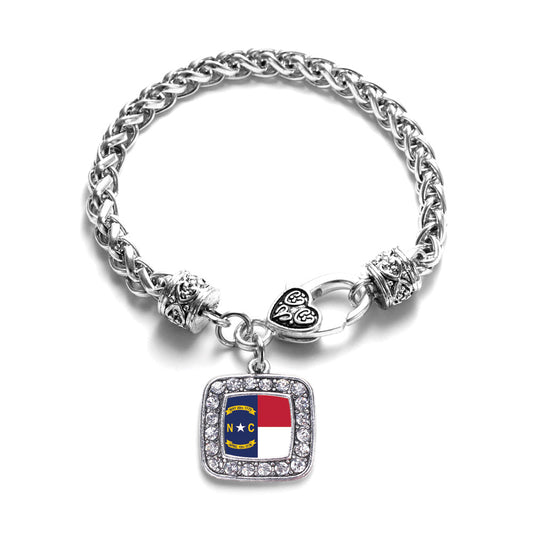Silver North Carolina Flag Square Charm Braided Bracelet