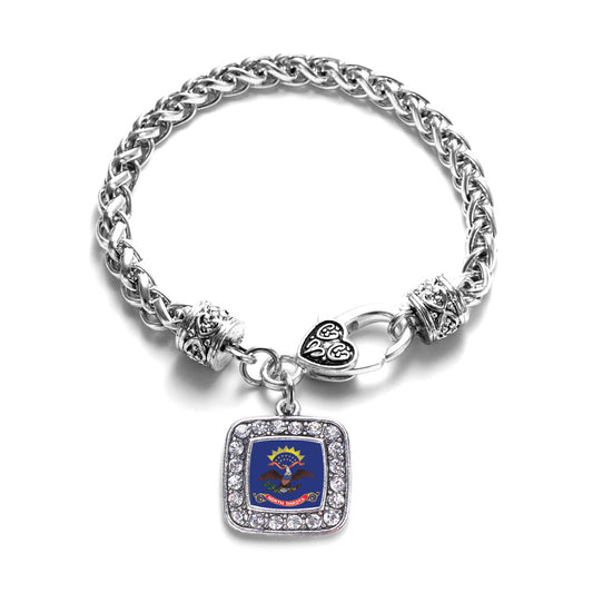 Silver North Dakota Flag Square Charm Braided Bracelet