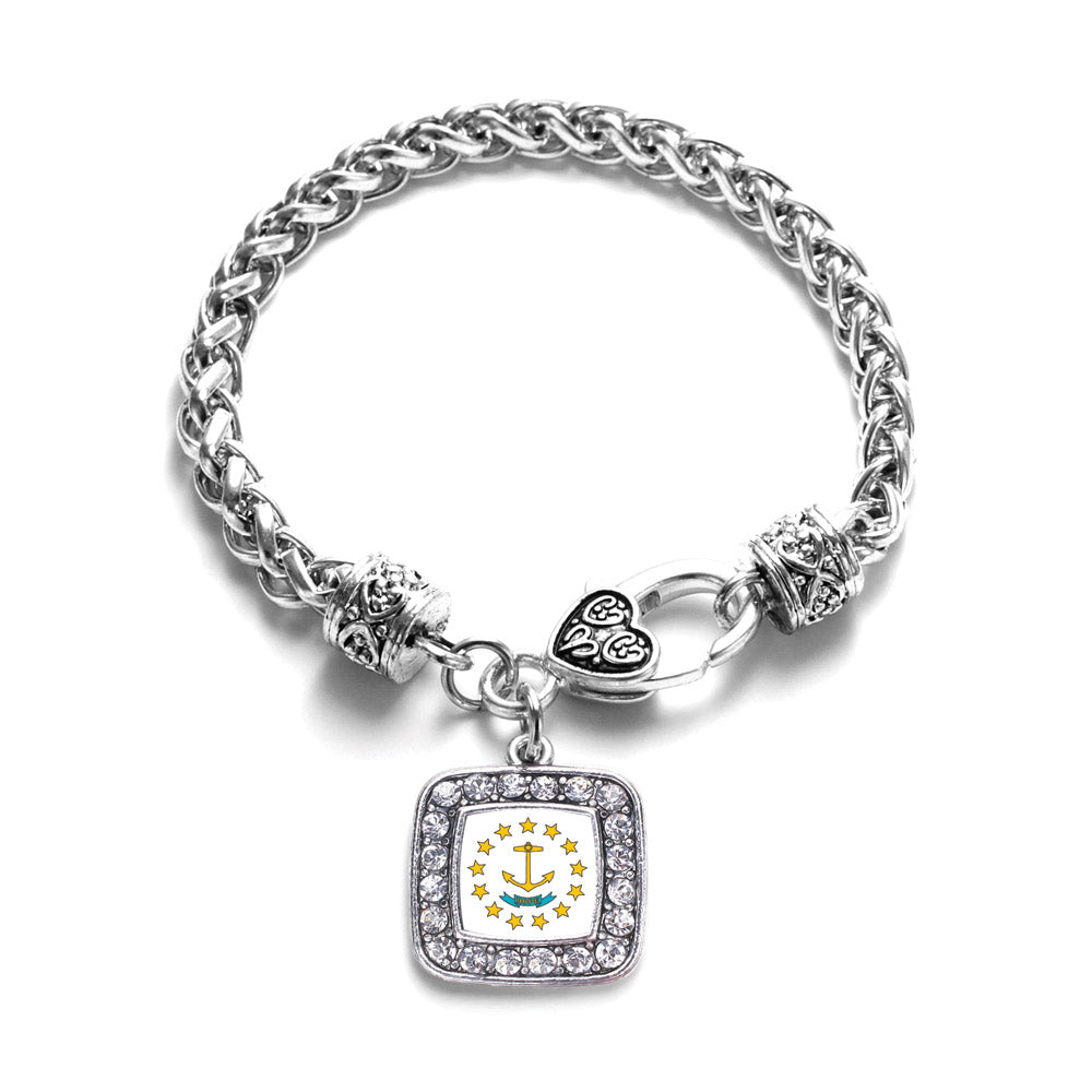Silver Rhode Island Flag Square Charm Braided Bracelet