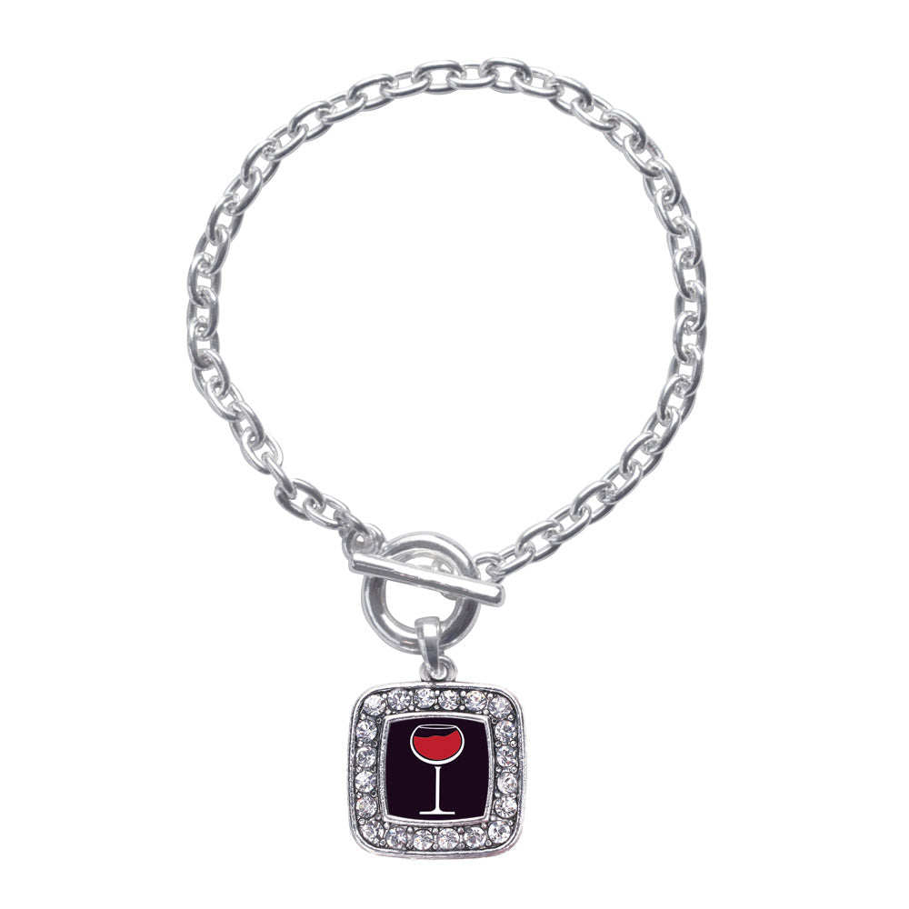Silver Wine Lovers Square Charm Toggle Bracelet
