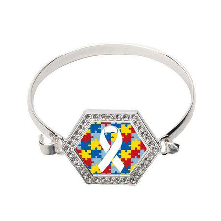 Silver Autism Jigsaw Puzzle Hexagon Charm Bangle Bracelet