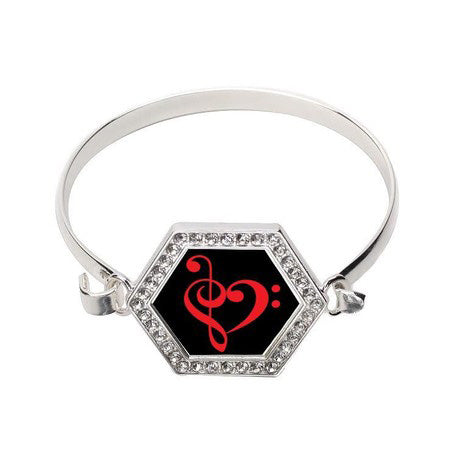 Silver Music Is Love Hexagon Charm Bangle Bracelet