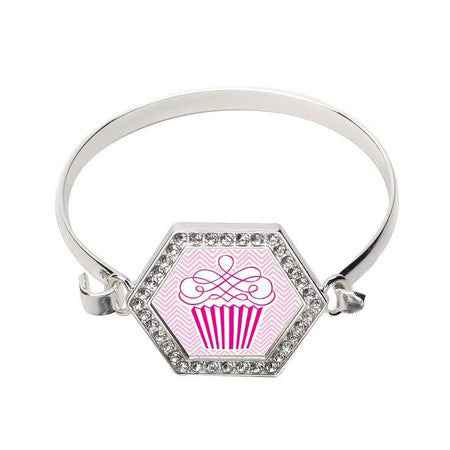 Silver Cupcake Lover Hexagon Charm Bangle Bracelet