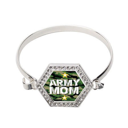 Silver Army Mom Hexagon Charm Bangle Bracelet