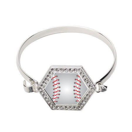 Silver Baseball Hexagon Charm Bangle Bracelet