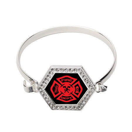 Silver Firefighter Hexagon Charm Bangle Bracelet