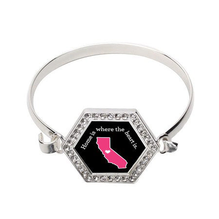 Silver California State Heart Hexagon Charm Bangle Bracelet