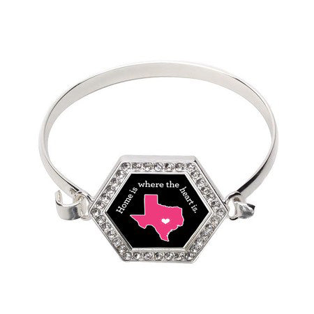 Silver Texas State Heart Hexagon Charm Bangle Bracelet