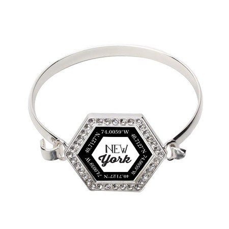 Silver New York Coordinates Hexagon Charm Bangle Bracelet