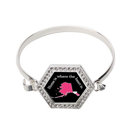 Silver Alaska State Heart Hexagon Charm Bangle Bracelet