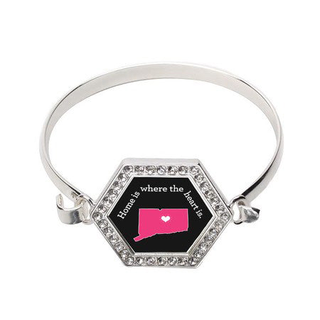 Silver Connecticut State Heart Hexagon Charm Bangle Bracelet