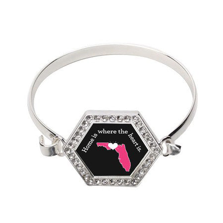 Silver Florida State Heart Hexagon Charm Bangle Bracelet