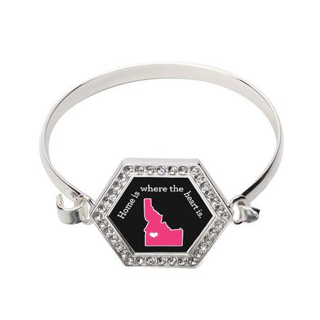 Silver Idaho State Heart Hexagon Charm Bangle Bracelet