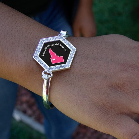 Silver Idaho State Heart Hexagon Charm Bangle Bracelet