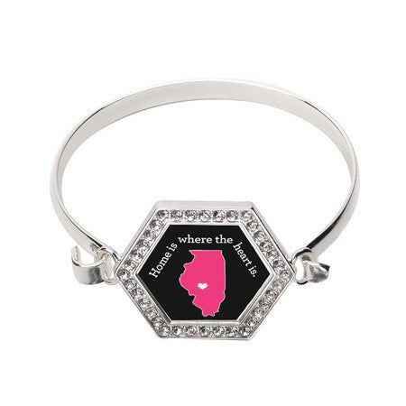 Silver Illinois State Heart Hexagon Charm Bangle Bracelet