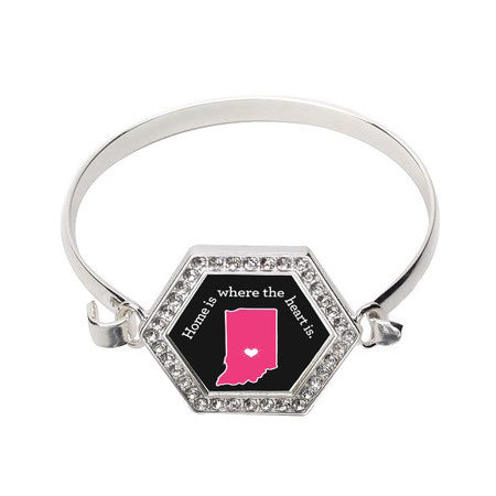 Silver Indiana State Heart Hexagon Charm Bangle Bracelet