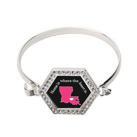 Silver Louisiana State Heart Hexagon Charm Bangle Bracelet