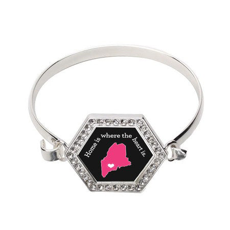 Silver Maine State Heart Hexagon Charm Bangle Bracelet