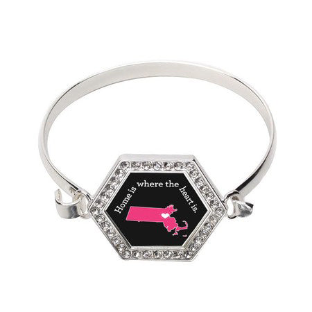 Silver Massachusetts State Heart Hexagon Charm Bangle Bracelet