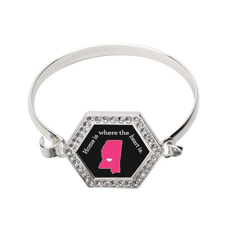 Silver Mississippi State Heart Hexagon Charm Bangle Bracelet