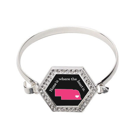 Silver Nebraska State Heart Hexagon Charm Bangle Bracelet