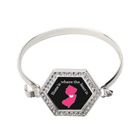 Silver New Jersey State Heart Hexagon Charm Bangle Bracelet