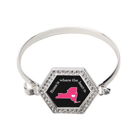 Silver New York State Heart Hexagon Charm Bangle Bracelet