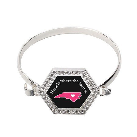 Silver North Carolina State Heart Hexagon Charm Bangle Bracelet