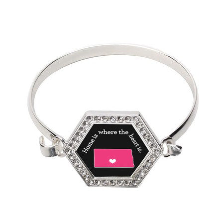 Silver North Dakota State Heart Hexagon Charm Bangle Bracelet