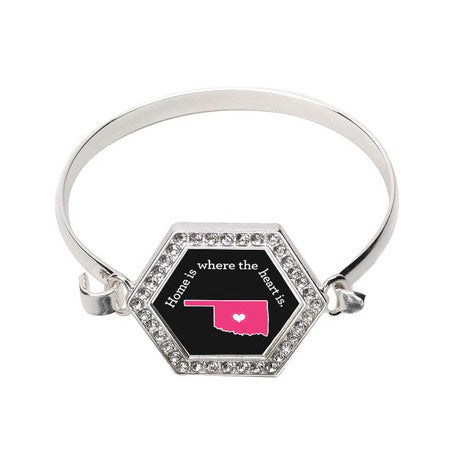 Silver Oklahoma State Heart Hexagon Charm Bangle Bracelet