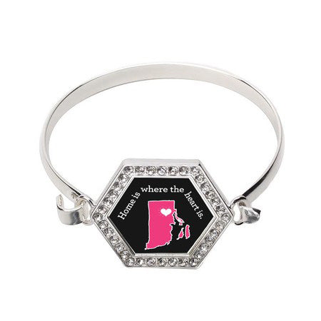 Silver Rhode Island State Heart Hexagon Charm Bangle Bracelet