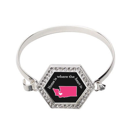 Silver Washington State Heart Hexagon Charm Bangle Bracelet