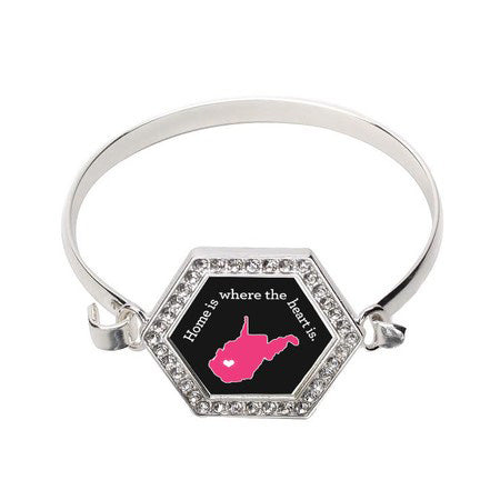 Silver West Virginia State Heart Hexagon Charm Bangle Bracelet