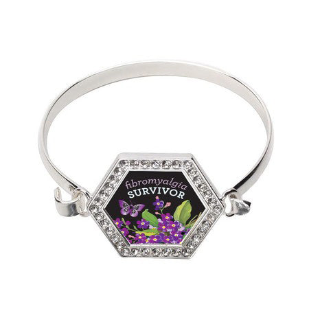 Silver Fibromyalgia Survivor Hexagon Charm Bangle Bracelet