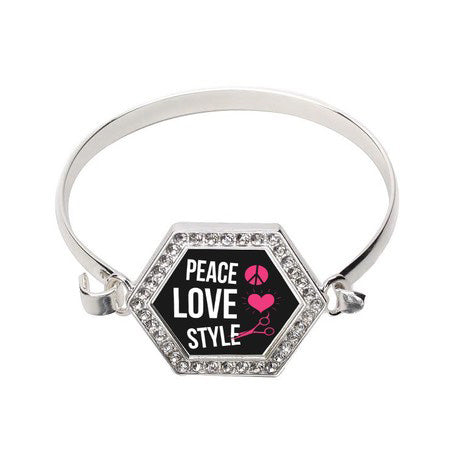 Silver Peace, Love, And Style Hexagon Charm Bangle Bracelet