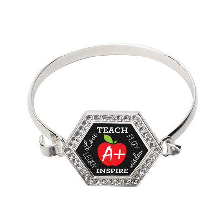 Silver Apples Are For Teachers Hexagon Charm Bangle Bracelet