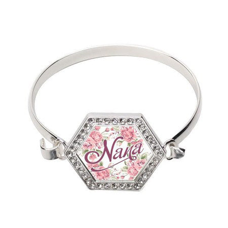 Silver Nana Floral Hexagon Charm Bangle Bracelet