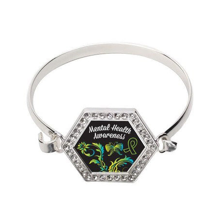 Silver Mental Health Awareness Hexagon Charm Bangle Bracelet