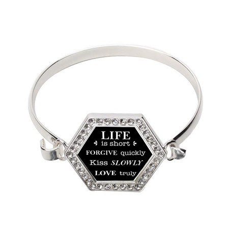 Silver Life Is Short Hexagon Charm Bangle Bracelet