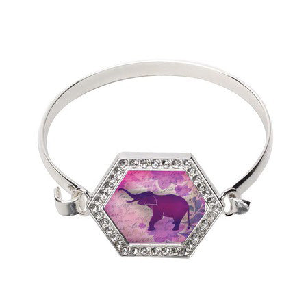 Silver Purple Elephant Hexagon Charm Bangle Bracelet