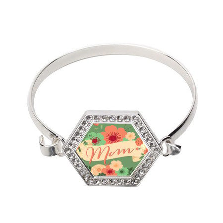Silver Mom Spring Hexagon Charm Bangle Bracelet