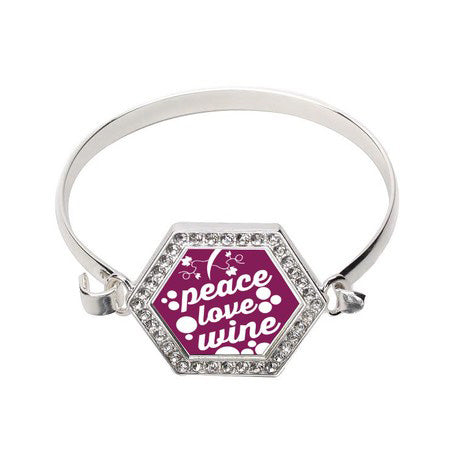 Silver Peace, Love, And Wine Hexagon Charm Bangle Bracelet