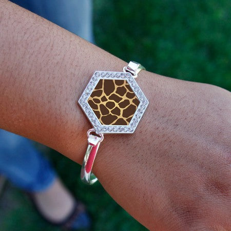 Silver Giraffe Print Hexagon Charm Bangle Bracelet