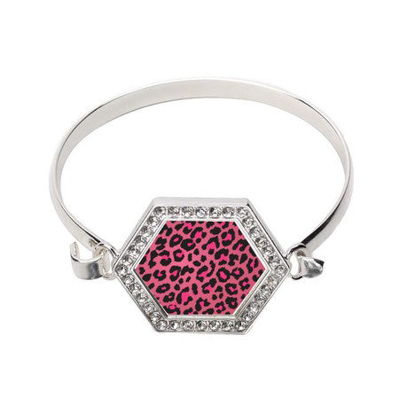Silver Pink Leopard Print Hexagon Charm Bangle Bracelet