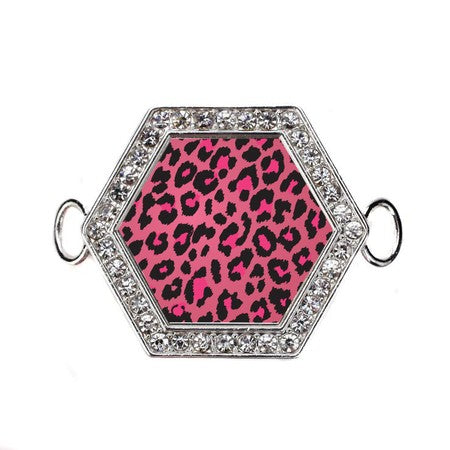 Silver Pink Leopard Print Hexagon Charm Bangle Bracelet