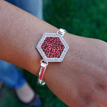 Silver Pink Leopard Print Hexagon Charm Bangle Bracelet