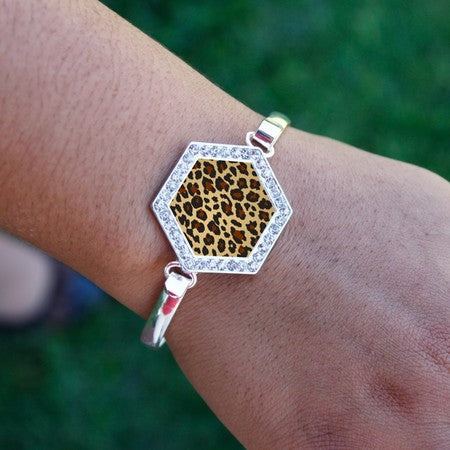 Silver Leopard Print Hexagon Charm Bangle Bracelet