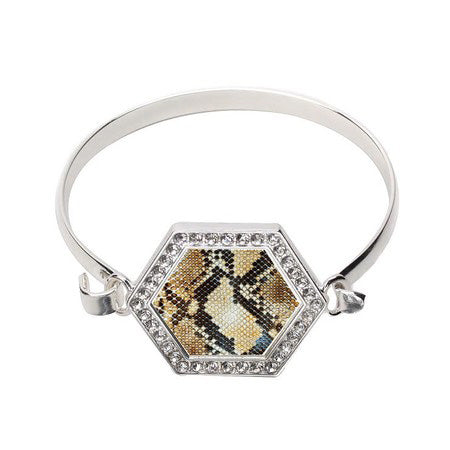 Silver Snake Print Hexagon Charm Bangle Bracelet