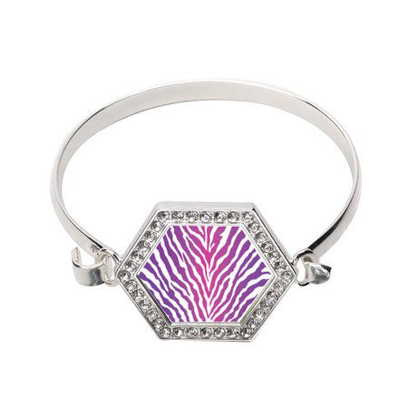 Silver Pink Tiger Print Hexagon Charm Bangle Bracelet